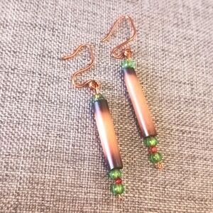 Boho Bamboo and Green Glass Beaded Dangle Earrings - Pre-loved (2.5")